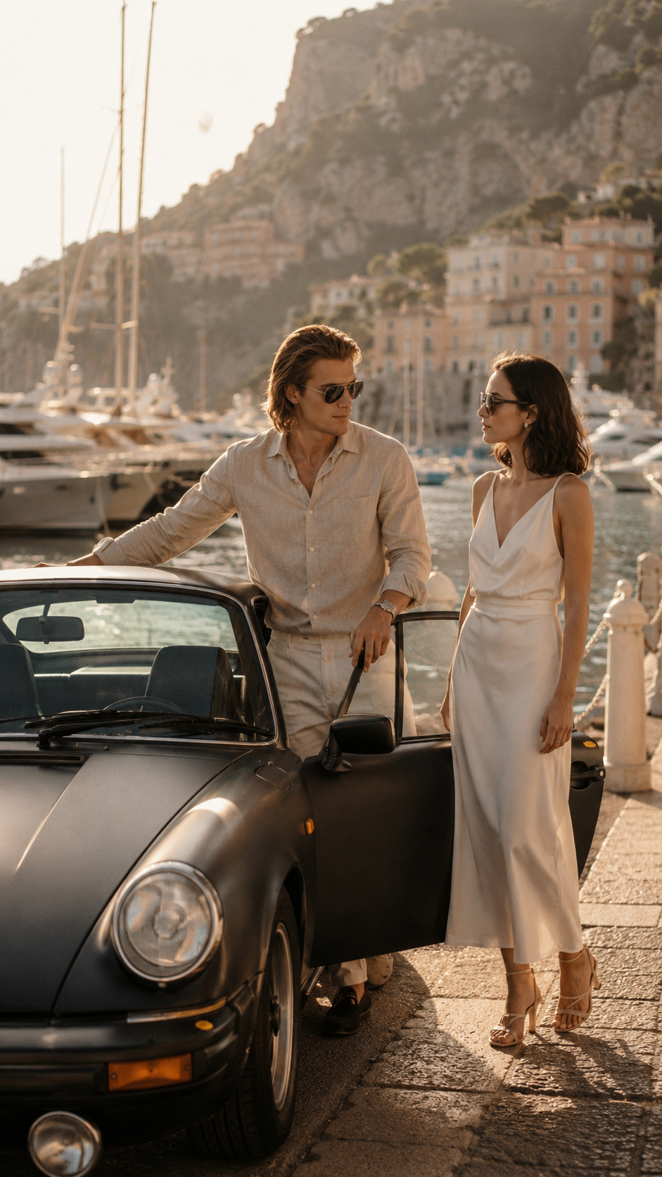 Riviéra lifestyle - pár u vintage Porsche v přístavu